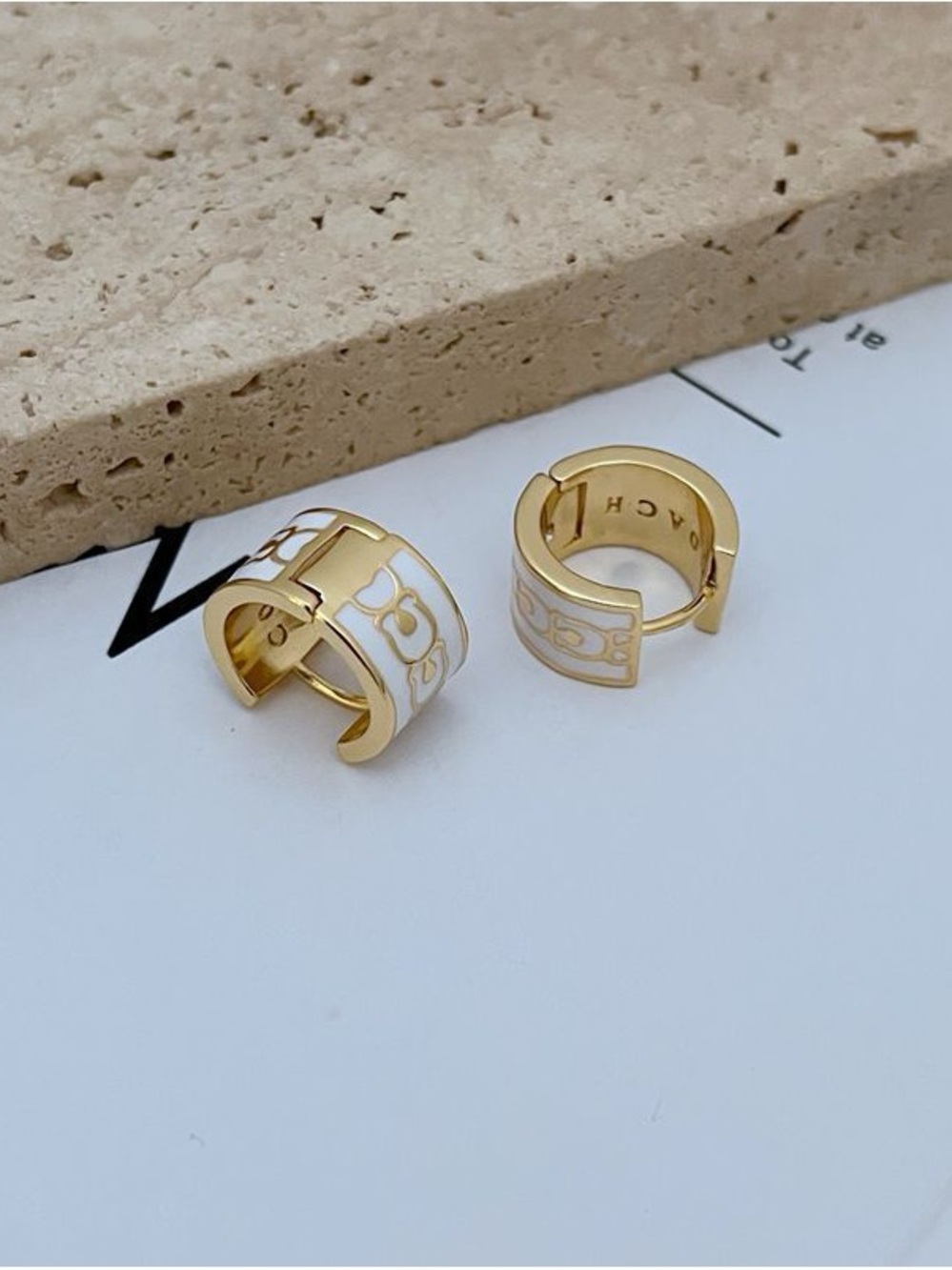 Coach Gold and White Enamel Huggie Earrings